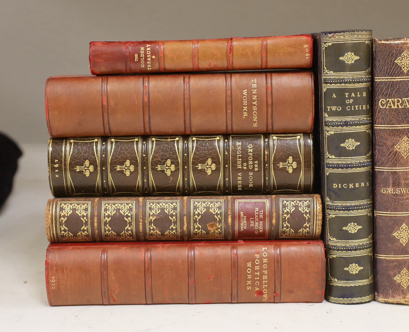 Eighteen volumes full calf leather bindings, including The Great Age of Sail, Shelley’s Poetical Works and other poetry volumes
